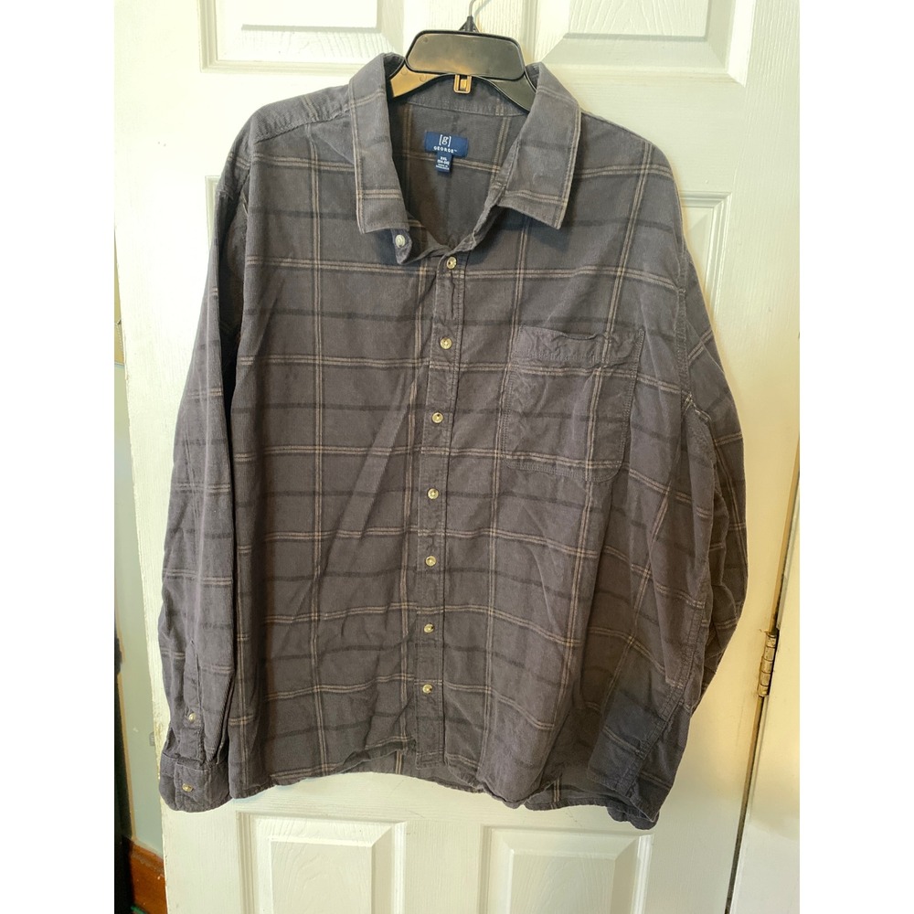 George Mens 3XL Corduroy Button Down Shirt Gray Brown Plaid Long Sleeve Pocket